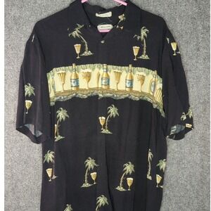 Pierre Cardin Mens Large Rayon Hawaiian Shirt Black Beer Palm Trees Tropical L